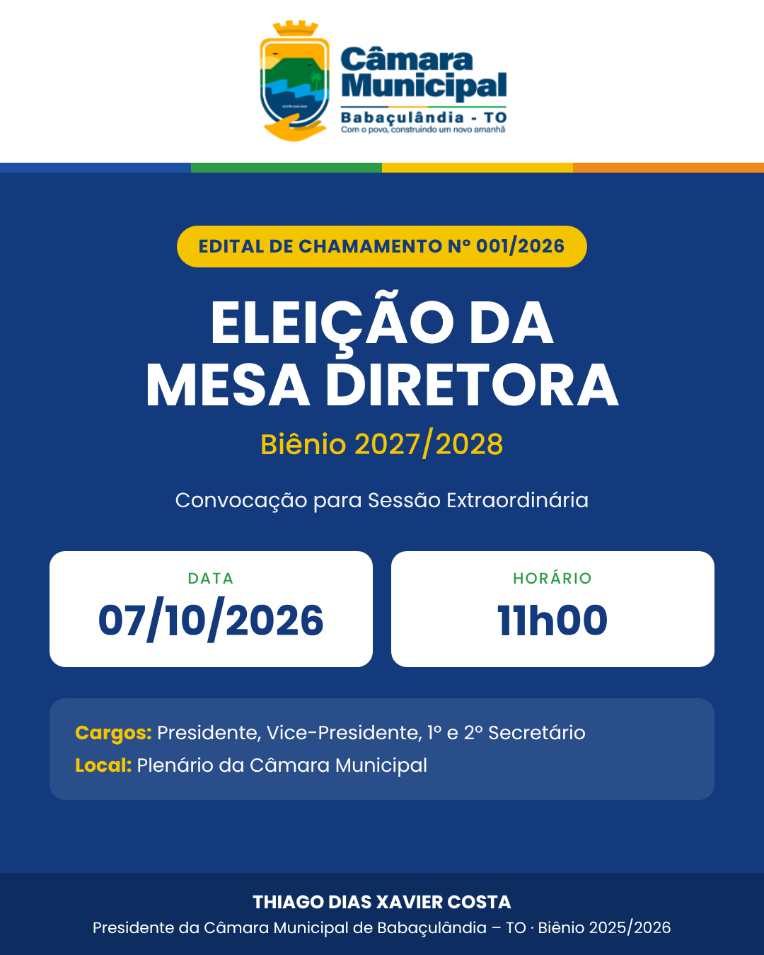 Presidente da Câmara convoca Sessão Extraordinária para eleição da Mesa Diretora do biênio 2027/2028